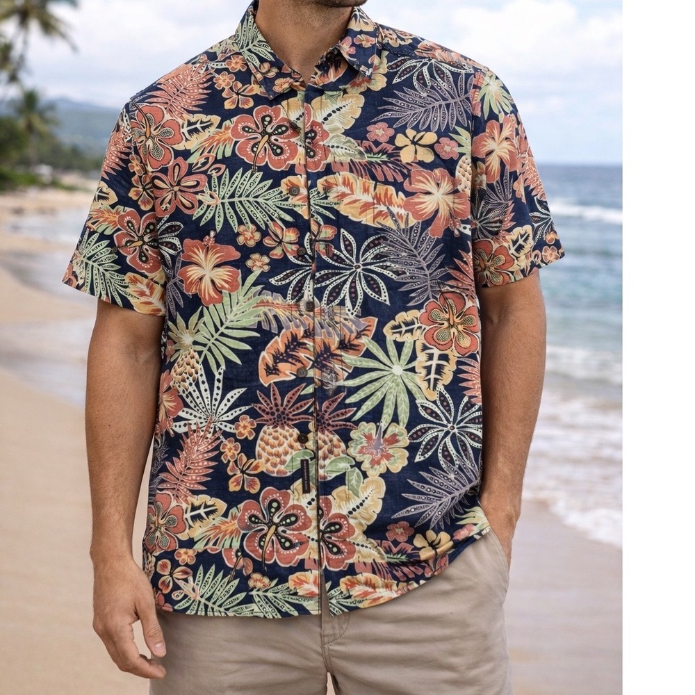 The Territory Ahead Mens Large Floral Pineapple Tropical Cotton Aloha Shirt Blue